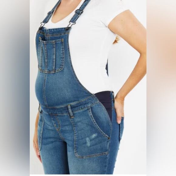 Women's Indigo Blue Side-Panel Skinny Ankle Denim Overalls Maternity Size XL - Picture 4 of 12